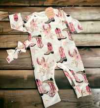 Load image into Gallery viewer, Pink Boots &amp; Horseshoes Jumpsuit and matching Bow