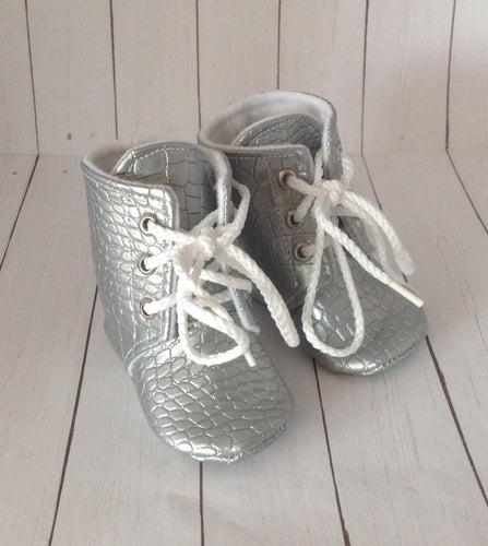 Silver Faux Leather Baby Boots | Alligator Texture | Newborn size up to 4T