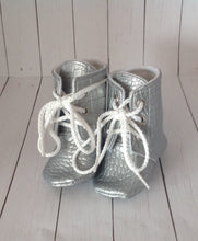 Load image into Gallery viewer, Silver Faux Leather Baby Boots | Alligator Texture | Newborn size up to 4T