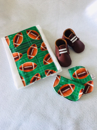 Football Leather Baby Shoes, Football Burp Cloth, and Football Seat Belt Covers Gift Set