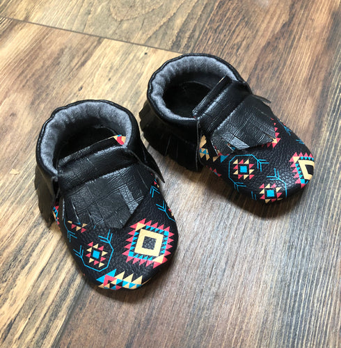 Black Southwest Aztec Baby Moccasins | Newborn size up to 24 M