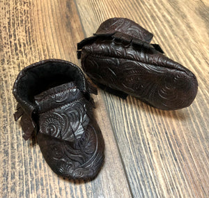 Tooled Brown Faux Leather Baby Moccasins | Newborn size up to 24 M