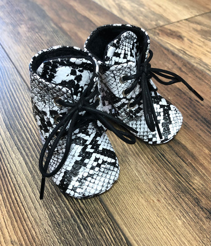 White Snake Skin Faux Leather Baby Boots