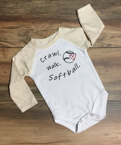 Crawl Walk Softball Raglan Onesie | 0-3 M | READY TO SHIP