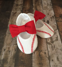 Load image into Gallery viewer, Baseball Baby Girl Shoes with Bows | Newborn size up to 24 Months