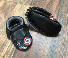 Load image into Gallery viewer, Black Southwest Aztec Baby Moccasins | Newborn size up to 24 M
